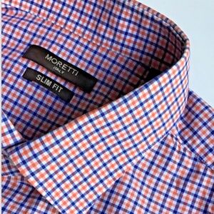 Moretti Italy slim fit navy & red checkered cotton dress shirt Sz XL